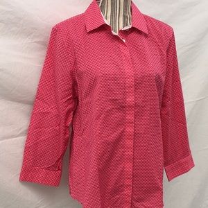 Talbots Womens Blouse Sz 14 Salmon Pink Black White 3/4 Sleeve Wrinkle Resistant